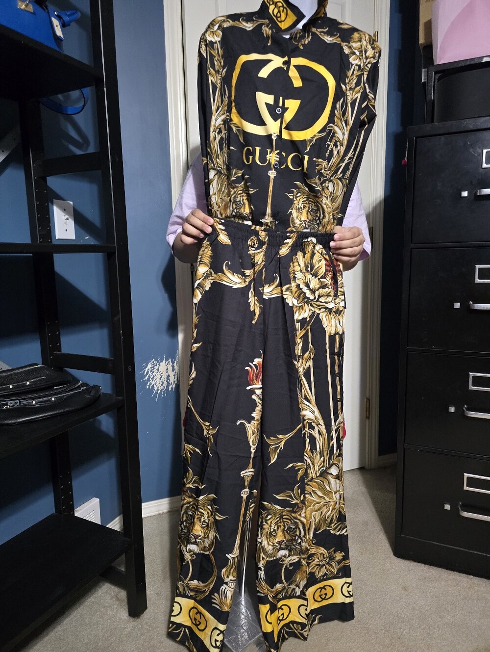 Black & Gold Wide-Leg Jumpsuit with Baroque Motif